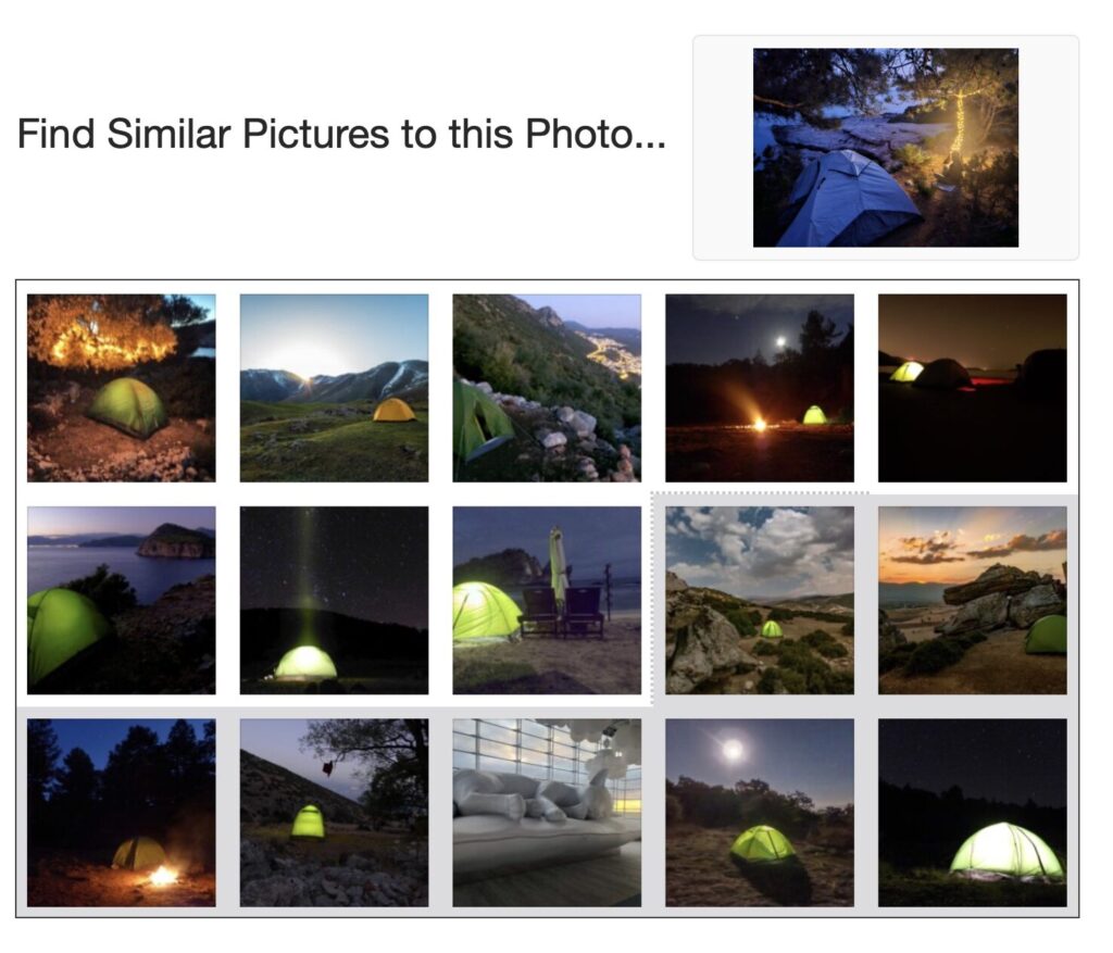 Grid of outdoor photos including tents, mountains, and landscapes. Demonstrates semantic image search results.